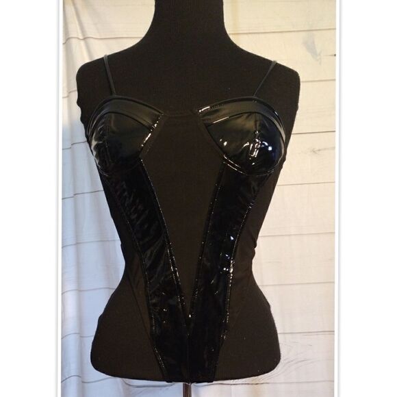 NWT Posh By V Set faux leather/shear bodysuit and pants size medium - Picture 6 of 7